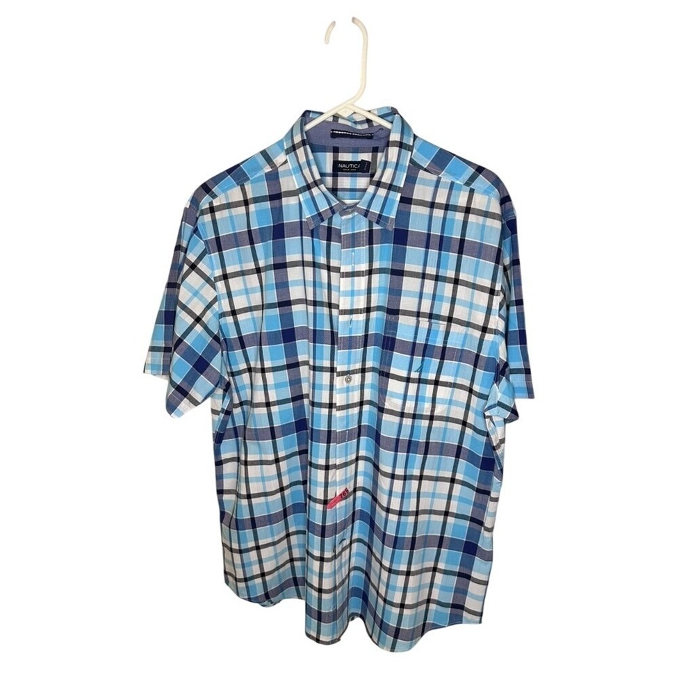Nautica Mens XL Blue White Plaid Short Sleeve Button Down Cotton Shirt‎ RN67835